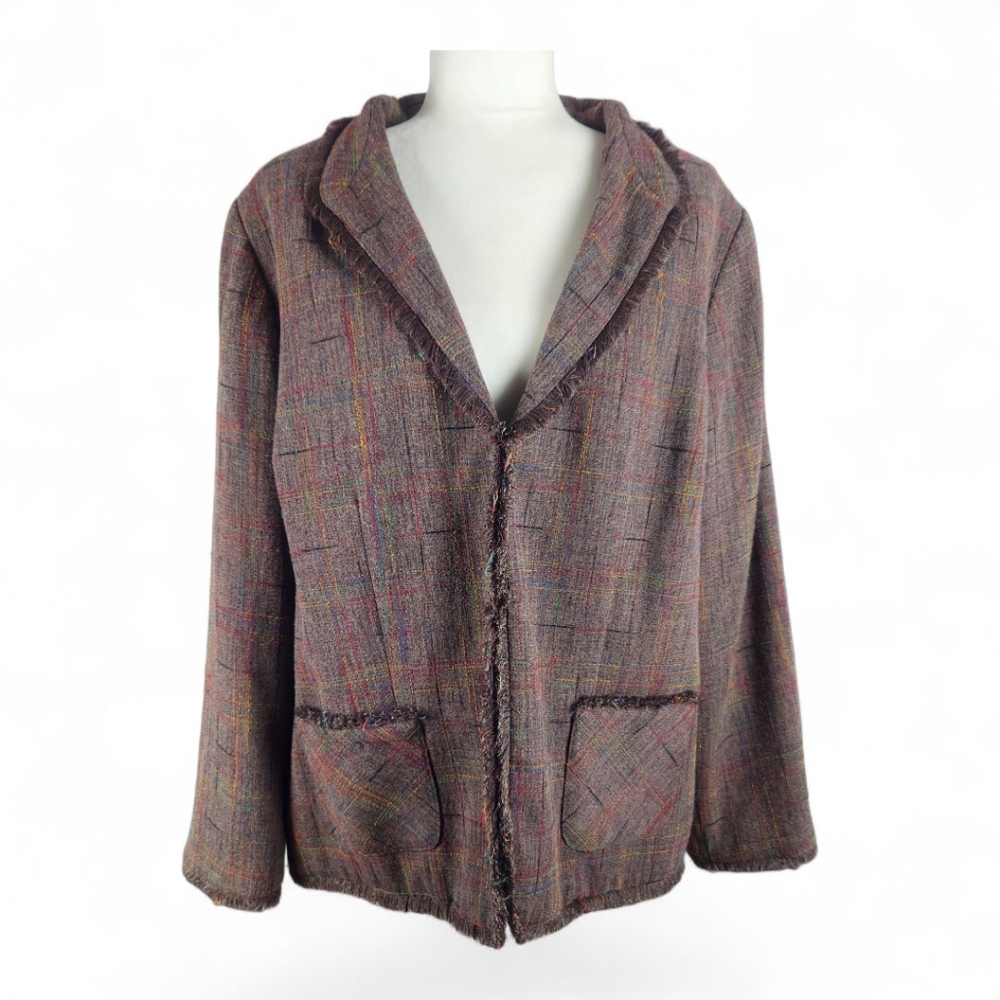 Vintage Brown Multicolor Blazer Plus Size 20 Fall Tweed Look Frayed Trim